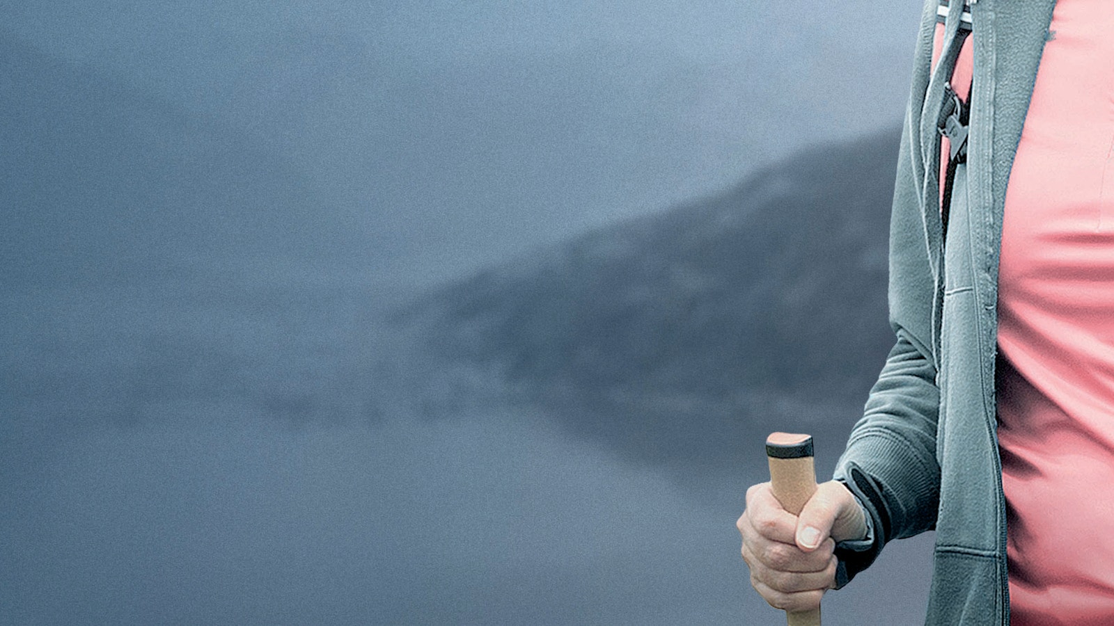 Aktive Person mit Wanderstöcken vor einer Berglandschaft