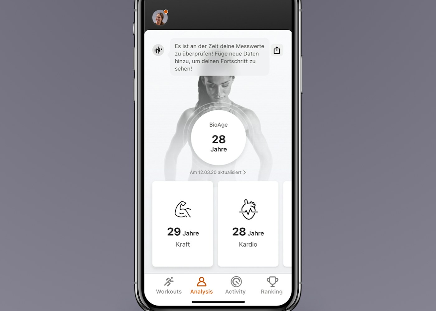 BioAge-Dashboard mit Kraft- und Ausdauerwerten
