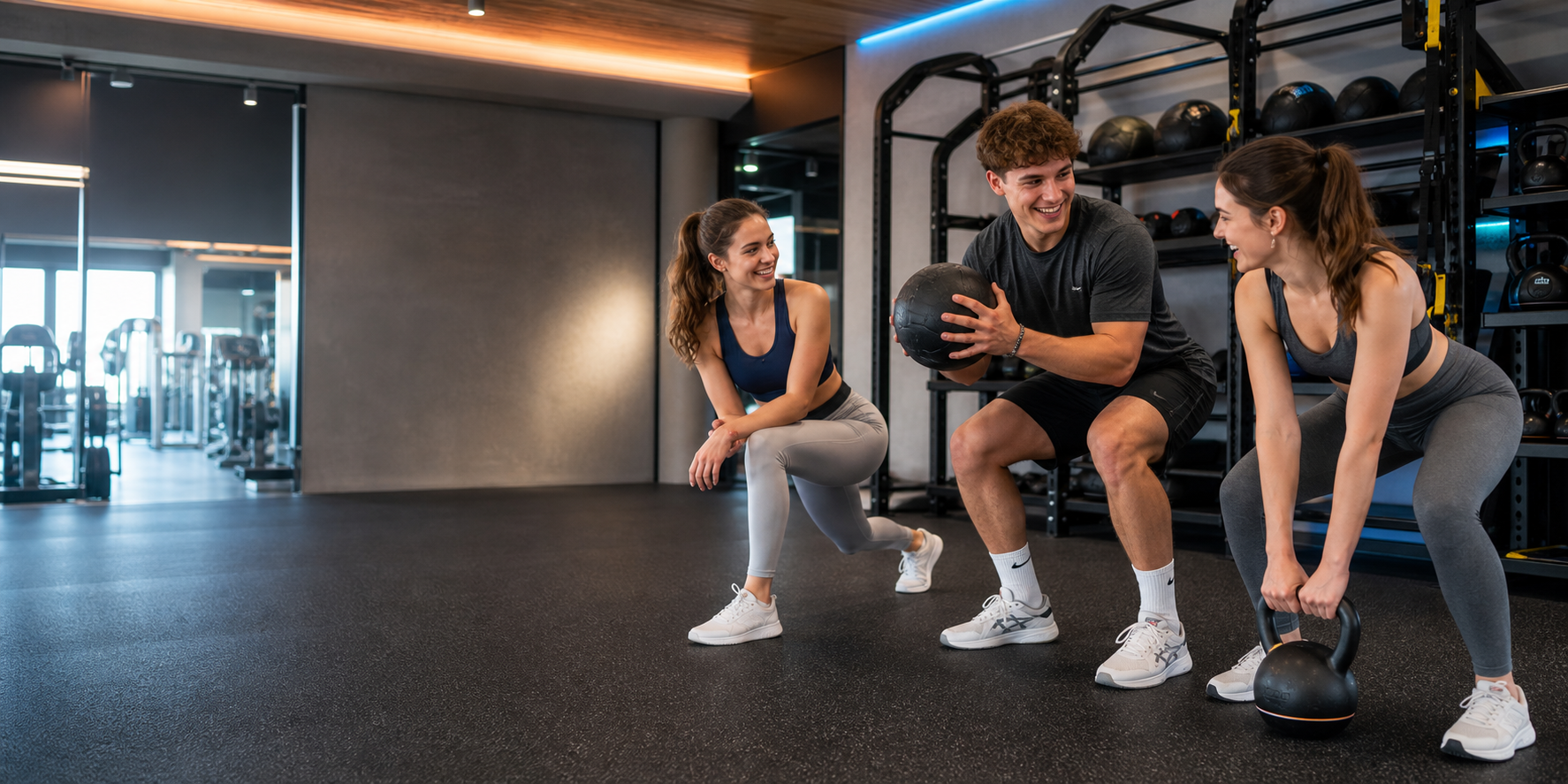 Drei junge Erwachsene trainieren gemeinsam im modernen Fitnessstudio; KI-generiertes Symbolbild